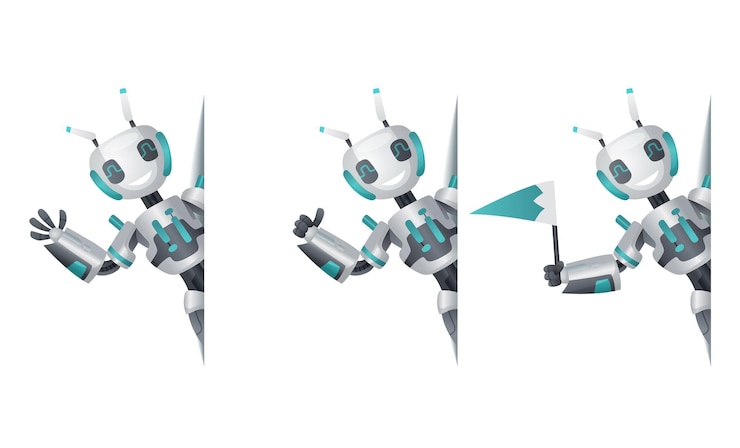 Vector los robots miran hacia la esquina diseño de interfaz de maqueta de pancartas de información robótica caracteres cyborg para presentación tecnología de ayuda en línea