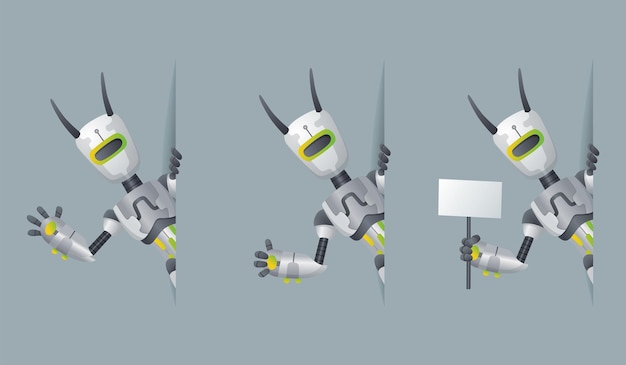 Los robots miran hacia la esquina Diseño de interfaz de maqueta de pancartas de información robótica Caracteres cyborg para presentación tecnología de ayuda en línea