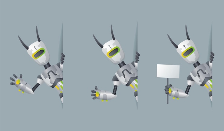 Vector los robots miran hacia la esquina diseño de interfaz de maqueta de pancartas de información robótica caracteres cyborg para presentación tecnología de ayuda en línea