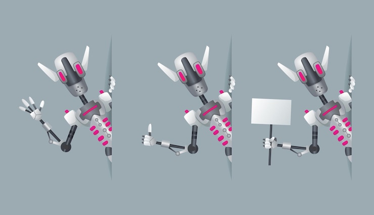 Vector los robots miran hacia la esquina diseño de interfaz de maqueta de pancartas de información robótica caracteres cyborg para presentación tecnología de ayuda en línea