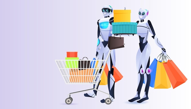 Robots modernos con compras coloridas bolsas de compras concepto de tecnología de inteligencia artificial