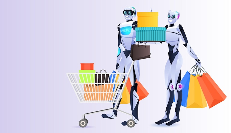 Vector robots modernos con compras coloridas bolsas de compras concepto de tecnología de inteligencia artificial