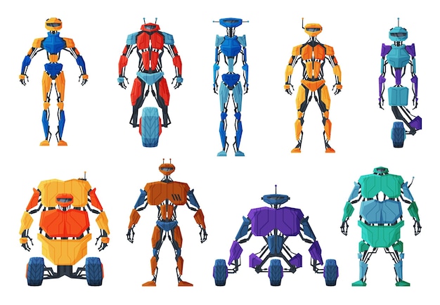 Robots modernos configurados para Android Tecnología robótica futura Inteligencia artificial cibernética Ilustración vectorial de máquinas aislada en fondo blanco