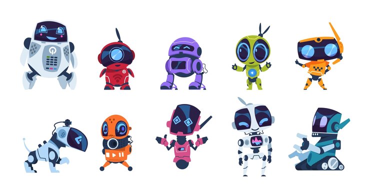 Vector robots modernos mascotas amigables con dibujos animados asistentes personales colección de juguetes mecánicos inteligencia artificial o tecnologías de innovación científica máquinas de automatización de vectores
