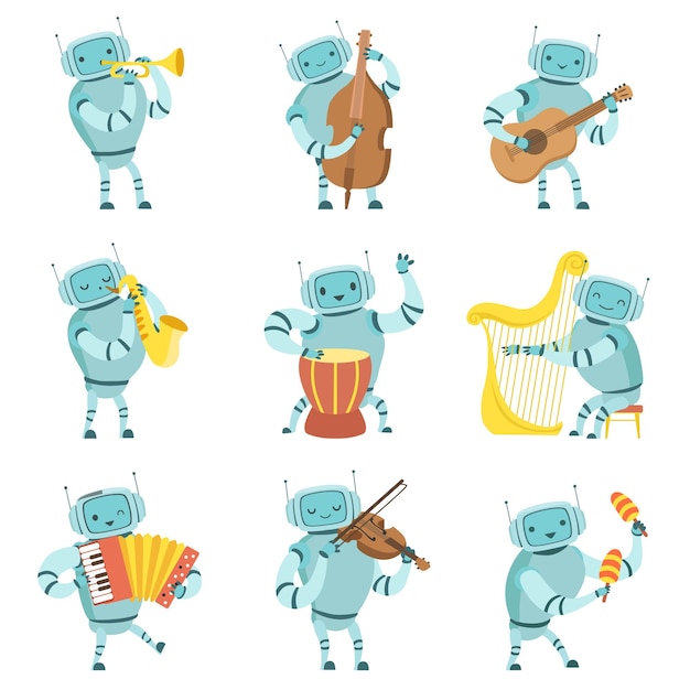 Robots Músicos tocando instrumentos musicales Conjunto Robot tocando violonchelo guitarra saxofón tambor arpa acordeón violín maracas Ilustración vectorial en fondo blanco