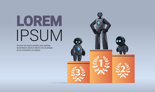 robots negros de pie en el pedestal ganador de la competencia primer lugar inteligencia artificial