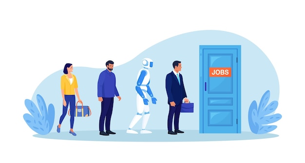 Robots y personas hacen cola esperando entrevista de contratación en la sala de oficinas Industria robótica Empleados humanos y robóticos para vacantes Trabajo automático y manual Automatización de procesos robóticos