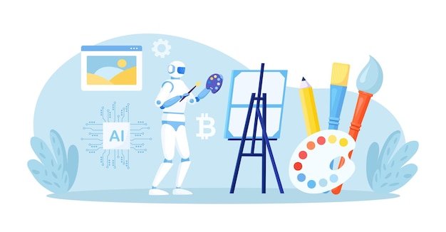 Robots pintando creando obras de arte Inteligencia artificial generando impresionantes obras de arte Tecnologías robóticas en pasatiempos Artista de IA de pie y dibujando con pincel