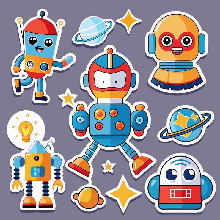 Vector robots y planetas de dibujos animados