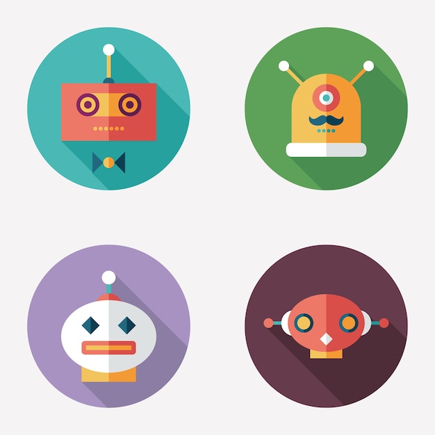 Robots planos iconos redondos con largas sombras.