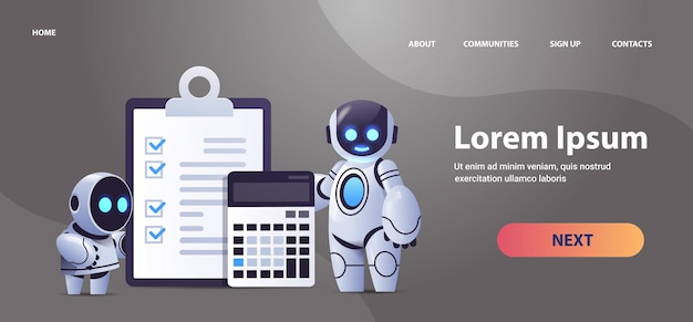 robots con portapapeles y calculadora informe de datos financieros organización análisis de procesos contabilidad tecnología de inteligencia artificial