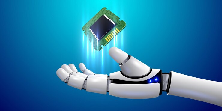 Vector robots que sostienen la mano tecnología de procesador aprendizaje automático red neuronal inteligencia artificial