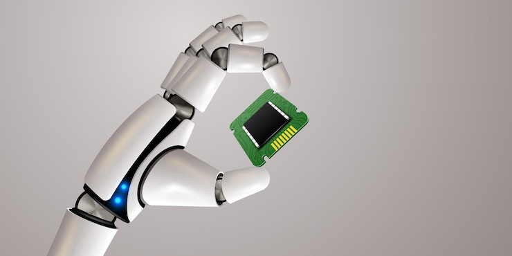 Vector robots que sostienen la mano tecnología de procesador aprendizaje automático red neuronal inteligencia artificial