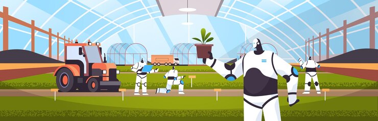 Vector robots que trabajan en productos orgánicos plantación industrial plantas en crecimiento agricultura inteligente agronegocios tecnología de inteligencia artificial