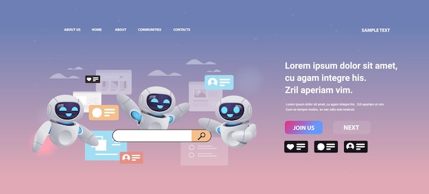 robots que utilizan el navegador web caracteres robóticos que buscan información datos de la página web análisis de red en línea optimización del motor de búsqueda concepto de tecnología de inteligencia artificial espacio de copia vec horizontal