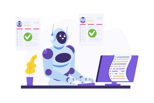 Los robots de recursos humanos de IA escanean el currículum para buscar candidatos a vacantes Ilustración de vector plano