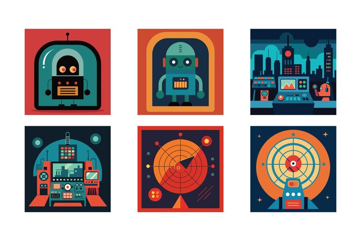 Vector robots retro y paisajes urbanos futuristas