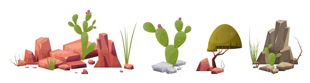 Roca del desierto con plantas en diferentes colores ilustración vectorial aislado en blanco