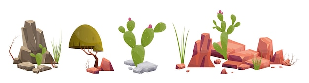 Vector roca del desierto con plantas en diferentes colores ilustración vectorial aislado en blanco