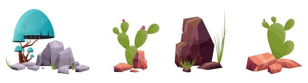 Vector roca del desierto con plantas en diferentes colores ilustración vectorial aislado en blanco