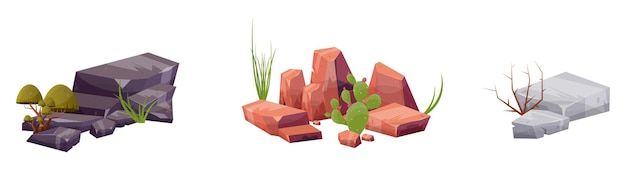 Vector roca del desierto con plantas en diferentes colores ilustración vectorial aislado en blanco