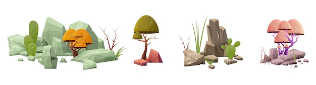 Roca del desierto con plantas en diferentes colores ilustración vectorial aislado en blanco