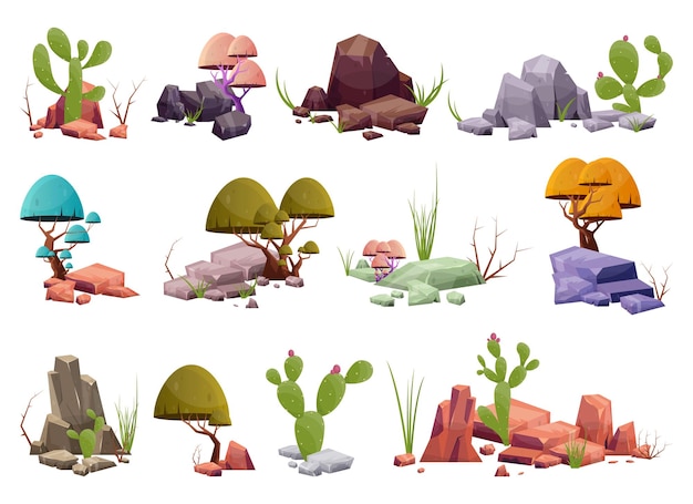 Roca del desierto con plantas en diferentes colores ilustración vectorial aislado en blanco