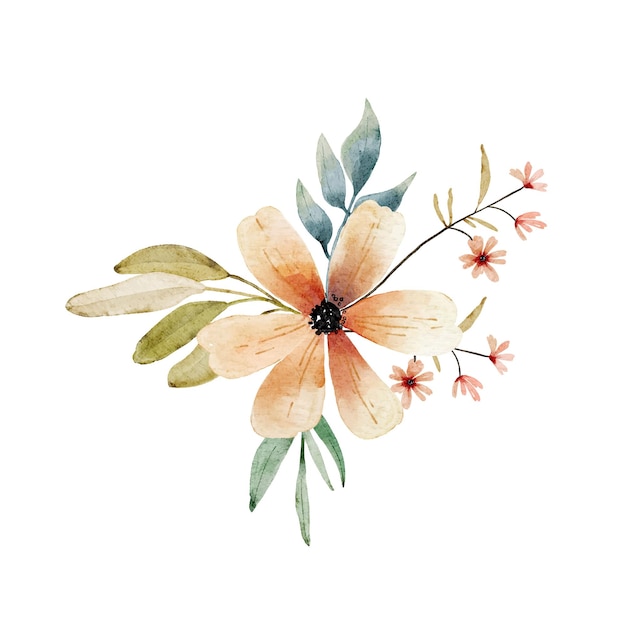 Roca de flores con hojas acuarela vectorial