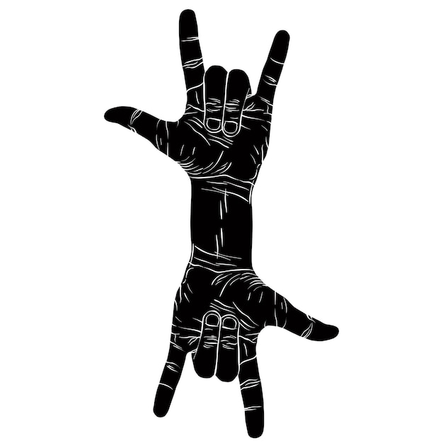 Vector roca a mano signo creativo con dos manos, rock n roll, hard rock, heavy metal, música, ilustración vectorial detallada en blanco y negro.