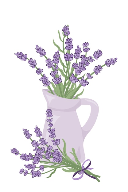 Vector roca pintada a mano de lavanda en flor en una jarra púrpura y roca de lavanda con cinta púrpura