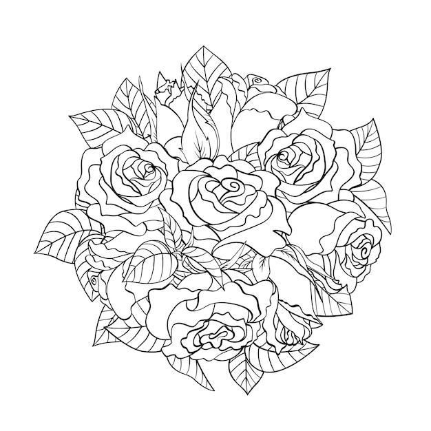 Roca redonda de rosas dibujo de línea negra en blanco