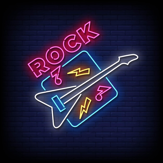 Roca de signo de neón con vector de fondo de pared de ladrillo