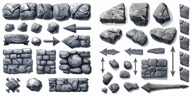 Rocas de granito botones de piedra gris banderas flechas y paneles de piedra elementos ui para el diseño de juegos conjunto de símbolos de ilustración vectorial