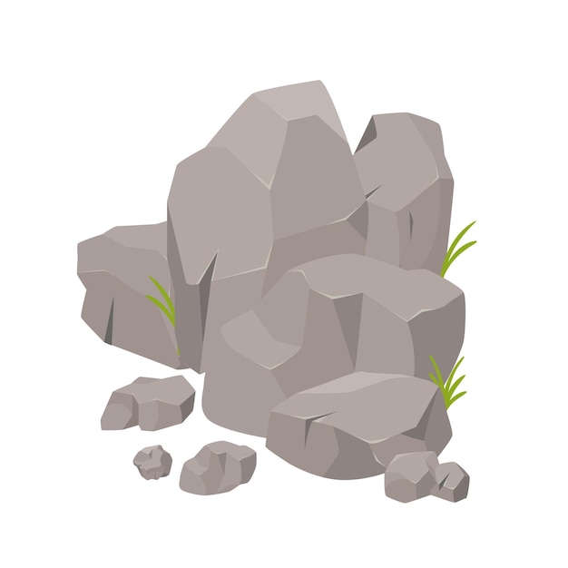 Rocas de piedra natural masivas y pequeñas rocas con hierba en crecimiento