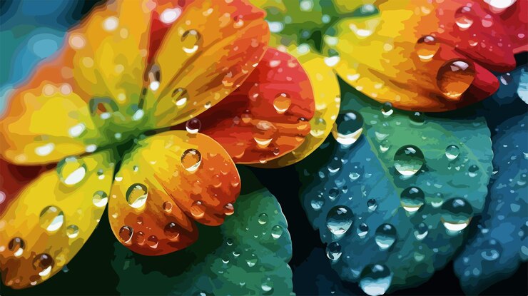 Vector el rocío vibrante en 3 colores kamboja flores pétalos con una pequeña gota jardín botánico belleza