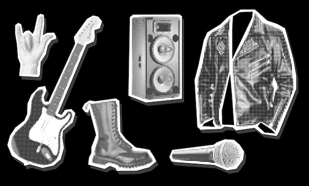Rock ambientado en collage en el estilo del arte pop grunge Imagen en blanco y negro sobre ropa negra parece