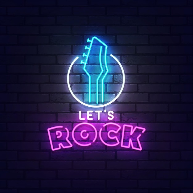 Rock letrero de neón letrero luminoso banner de luz festival de rock estrella de rock rock'n'roll logo de fiesta emblema de neón ilustración vectorial