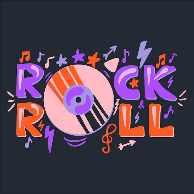 Rock n roll letras dibujadas a mano de color