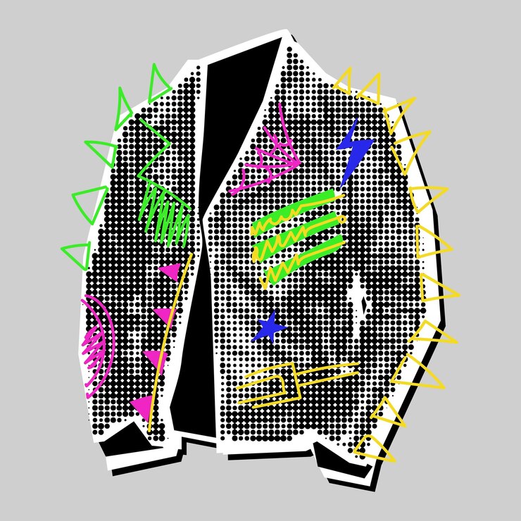 Vector rocker chaqueta de cuero collage grunge pop art rock una imagen en blanco y negro con inserciones de colores