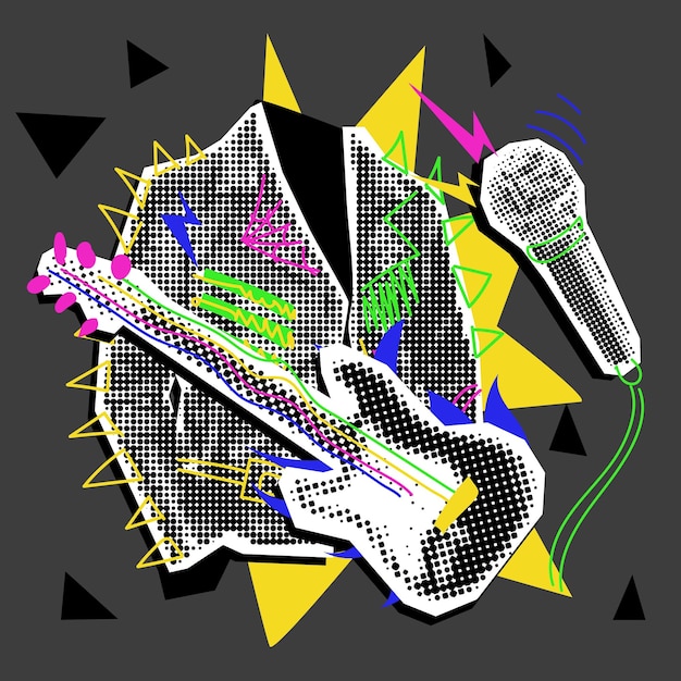Rocker chaqueta guitarra micrófono grunge popart rock collage Una imagen en blanco y negro con color