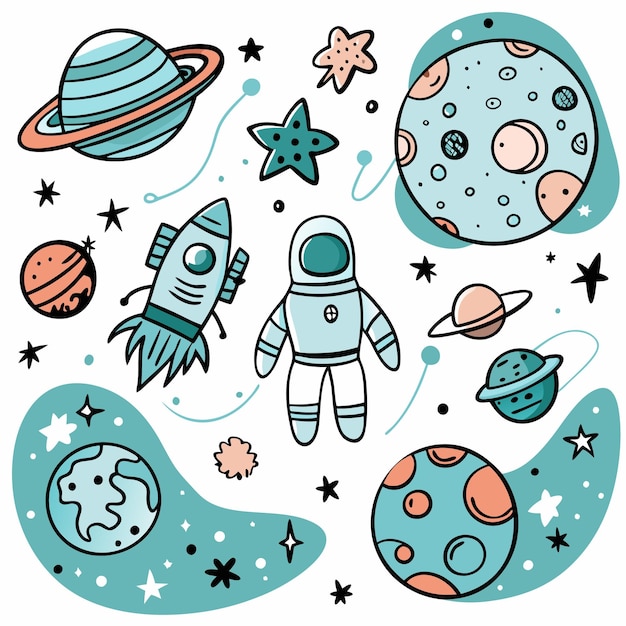 Rocket astronauta de dibujos animados y planetas en el espacio