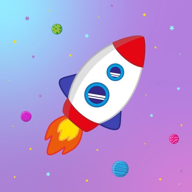 Rocket espacial vectorial estilo plano lindo volando en el espacio ilustración del icono