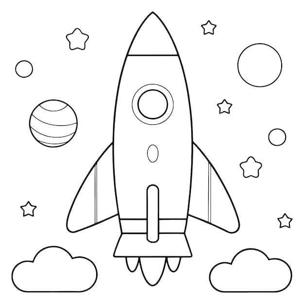 Rocket estilo dibujos animados volando a través del espacio página de colorear ilustración vectorial
