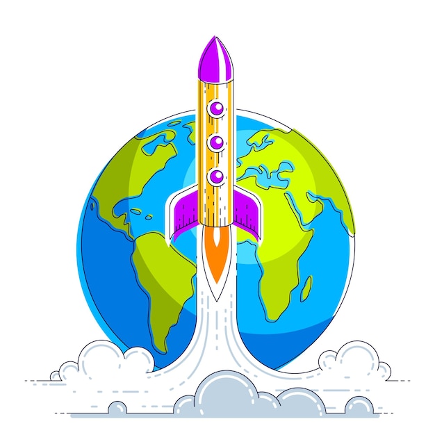 Rocket sale de la tierra al espacio para descubrir galaxias desconocidas. Explora el universo, ciencia espacial interesante. Ilustración de vector 3d de línea delgada aislada en blanco.