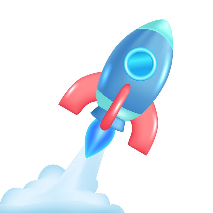 Vector rocket01nave espacial de cohete 3d de dibujos animados con humo volando para lograr un negocio exitoso
