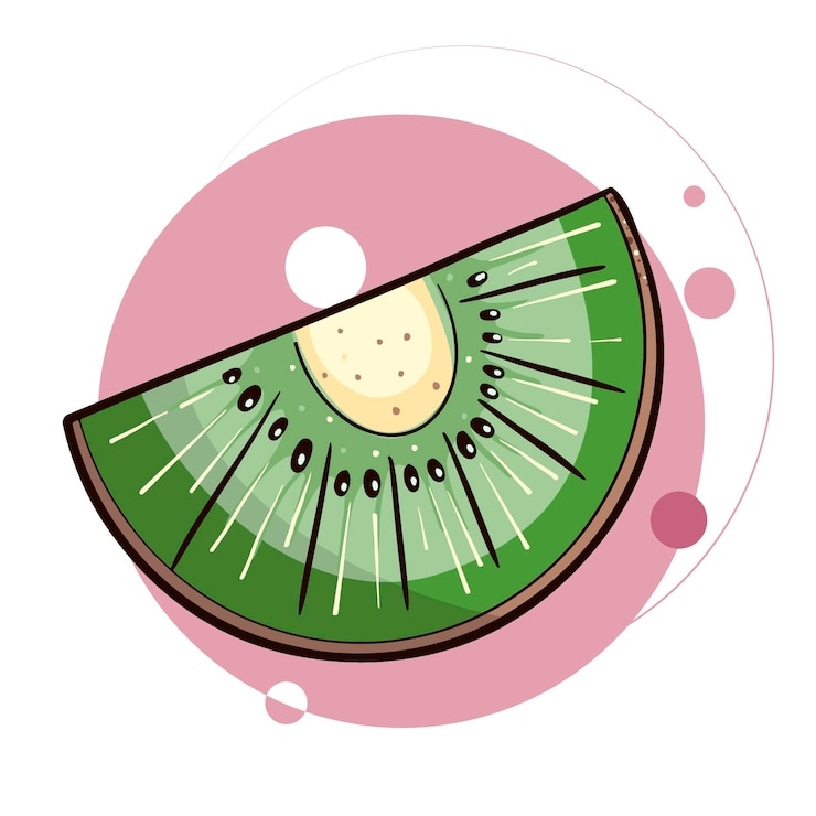 Vector rodaja de kiwi doodle colorida fruta tropical imagen vectorial sobre fondo de círculo rosa