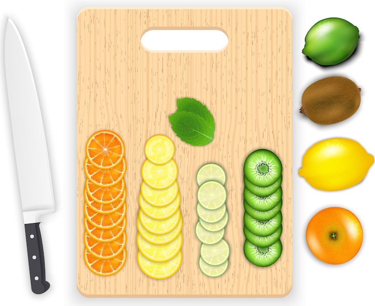 Vector rodajas de fruta y cuchillo en la tabla de cortar