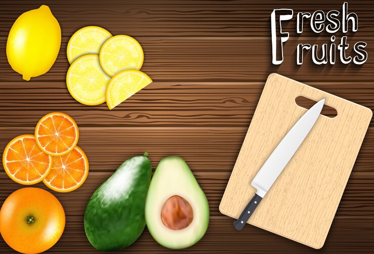 Vector rodajas de frutas frescas sobre la mesa