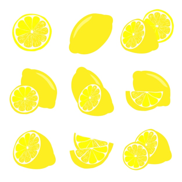 Vector rodajas de limón cítricos frescos limones cortados a la mitad y limón picado rodaja de fruta de limones cortados y ralladura para jugo de limonada o logotipo de vitamina c conjunto de iconos de ilustración vectorial de dibujos animados aislados