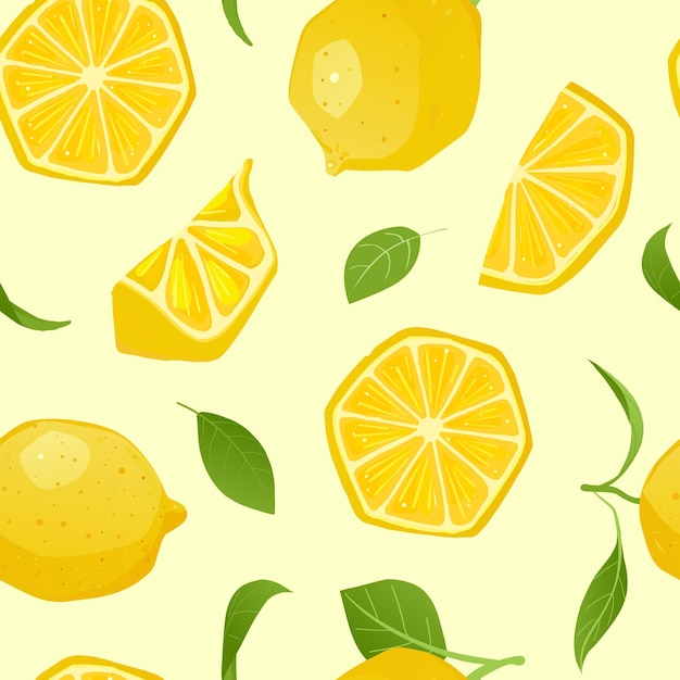 Rodajas de limones y hojas de patrones sin fisuras Fondo de fruta de salud orgánica